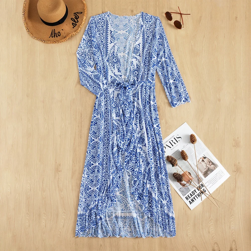 green grey blue ruffle hem paisley girl women pleated long  chiffon beach dress