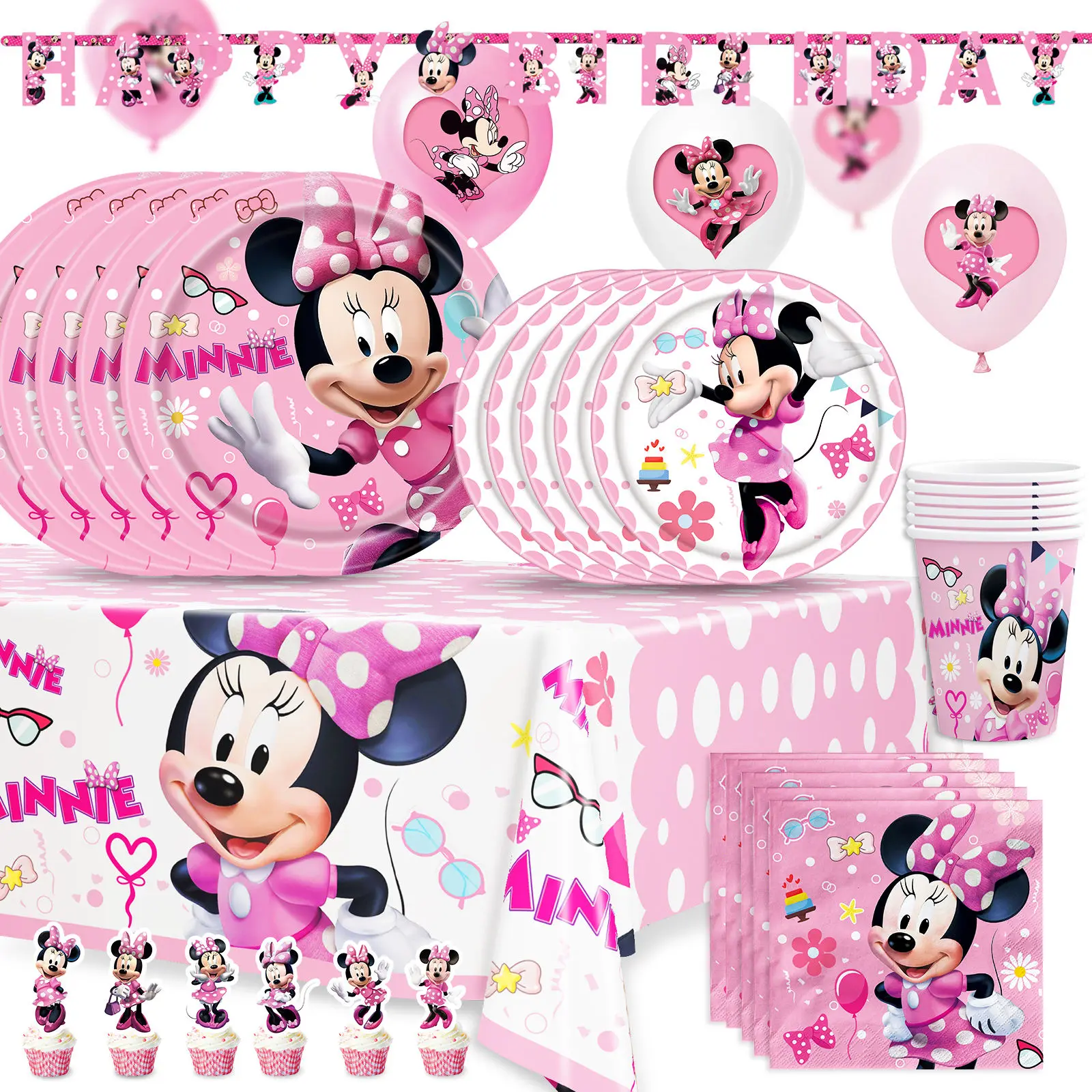 Pink Minnie Mouse Birthday Party Decorations Supplies Serves 8 Guests with Banner Table Cover Disposable Dinner Plates K0201