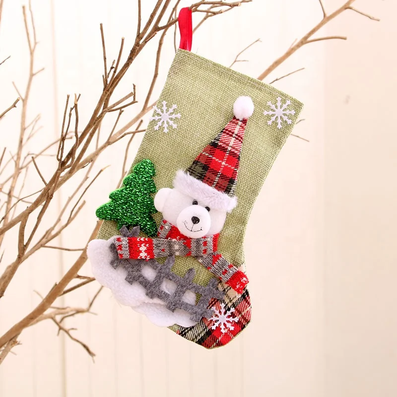 New linen medium Christmas socks Santa Claus Christmas decorations Christmas gift bag in socks