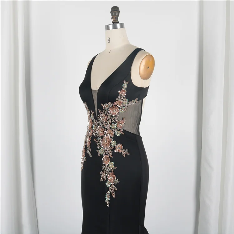 
Real Picture Elegant Deep V Neck Satin Beading Pleated Formal Black Sexy Mermaid Prom Birthday Dresses 