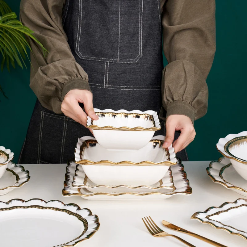 Wholesale Luxury Ceramic Gold Rim White Nordic Style Peach Shape Tableware Set