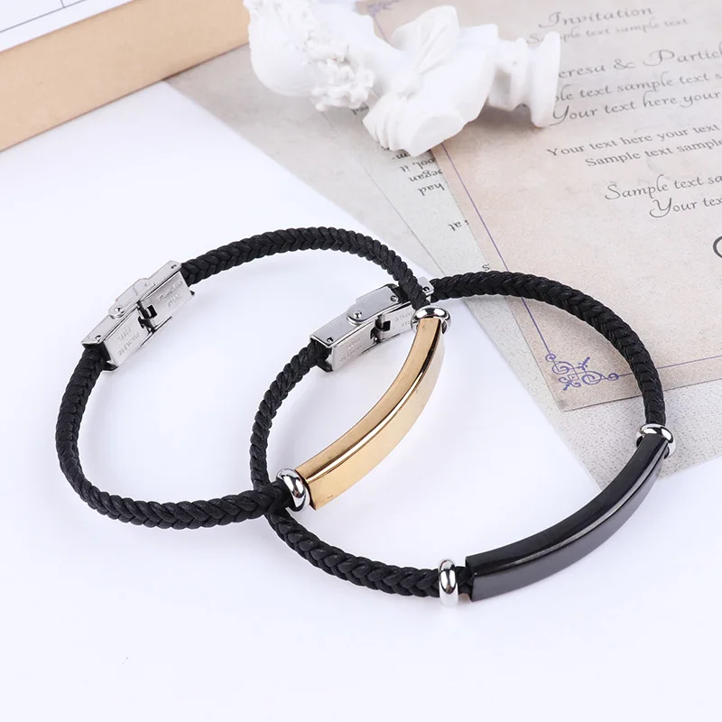 2022 New Custom Name Titanium Steel Handmade Weave Leather Bracelets for Couple Birthday Present
