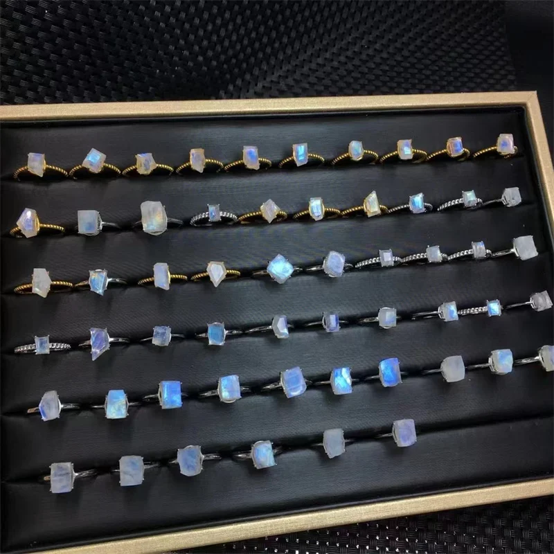 Natural crystal jewelry loose gemstone healing blue moonstone rings for gifts