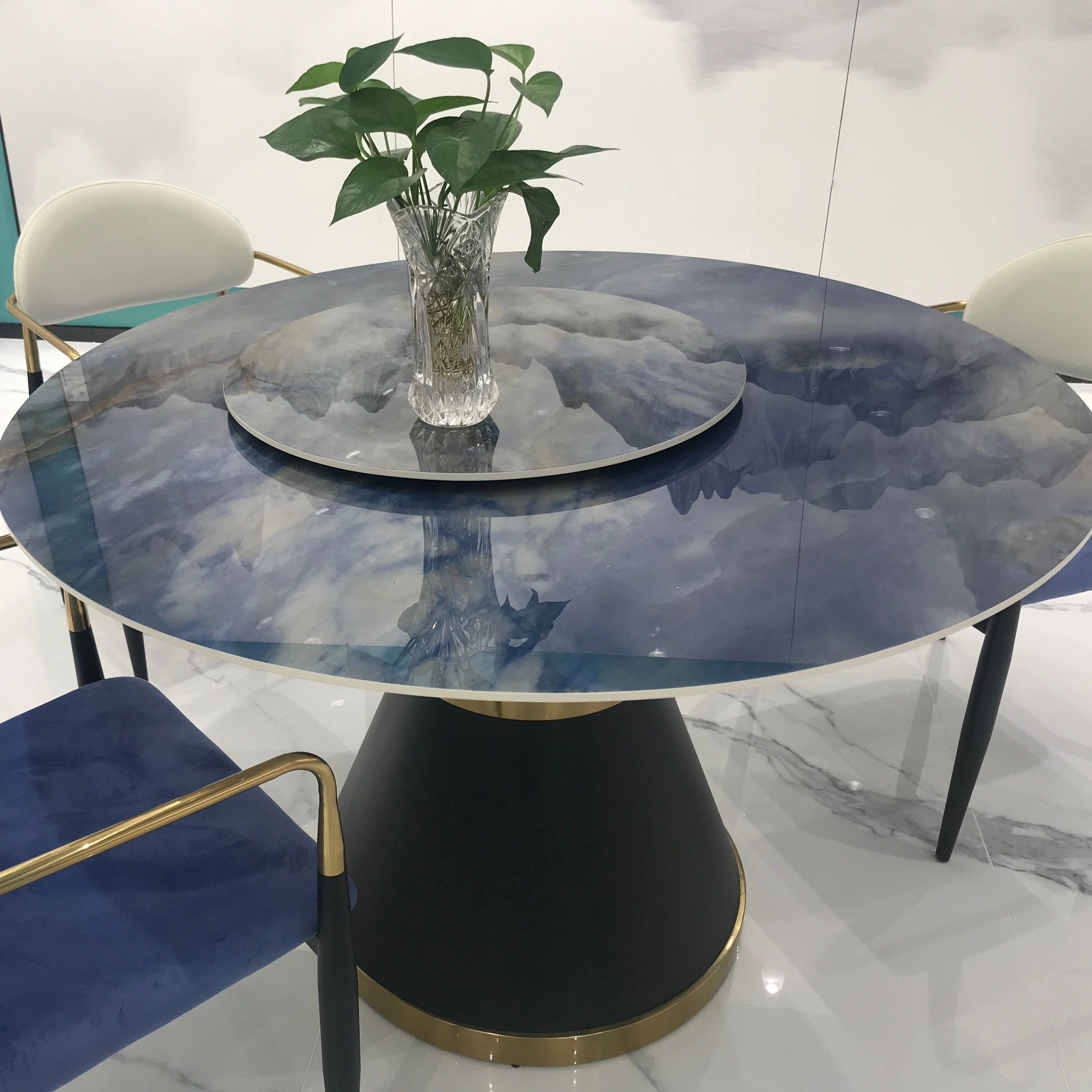 Round double-layer rotating dining table in modern blue marble design