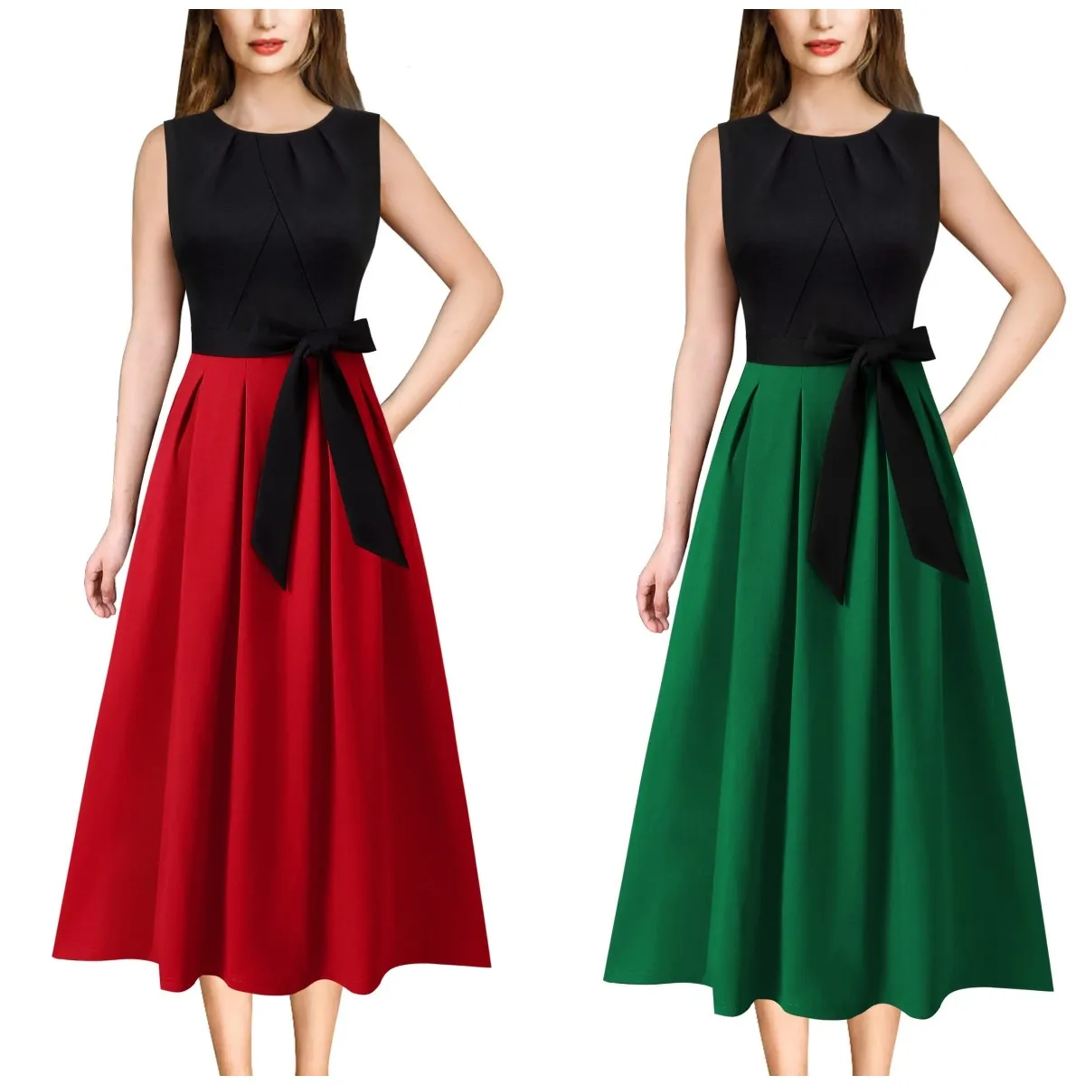 Cyalaa YM234 Womens Work Office Career  Wear Business Dress Elegant Patchwork Pockets Print Work Casual A-Line Midi Dress