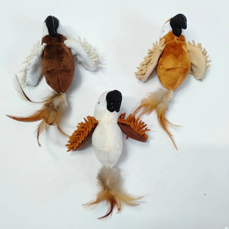 
High Quality Bird Woodpecker Parrot Cord Velour Plush Catnip Teaser Cat Toys With Genuine Feather 