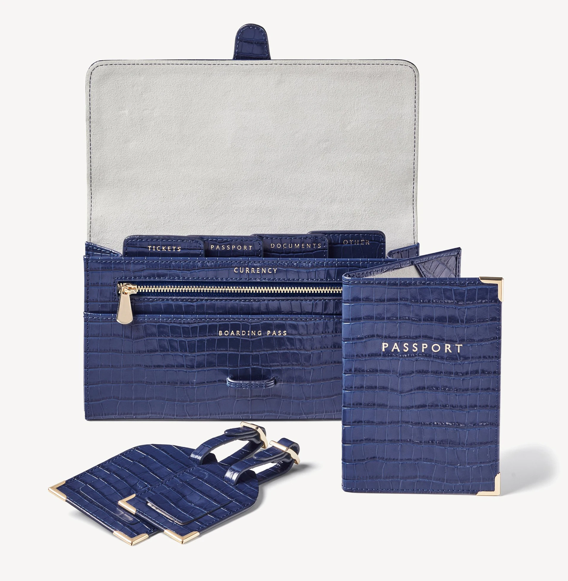 Portable casual navy blue wallet bag passport holder cover luggage tag embossed crocodile pu leather travel accessories for men