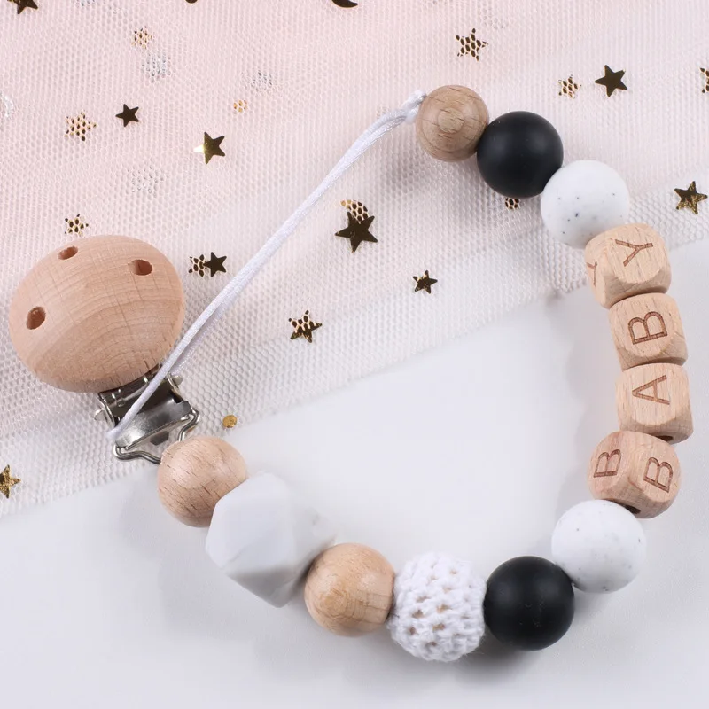 Factory Direct Sale BPA Free Baby Silicone Wooden Bead Dummy Pacifier Chain Pacifier Clips Chain