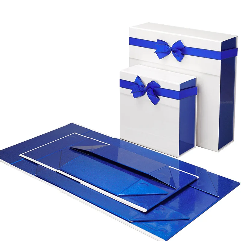 2024 New Design Blue Luster Folding Magnetic Gift Box Packaging With Elastic Ribbon Bow Deco