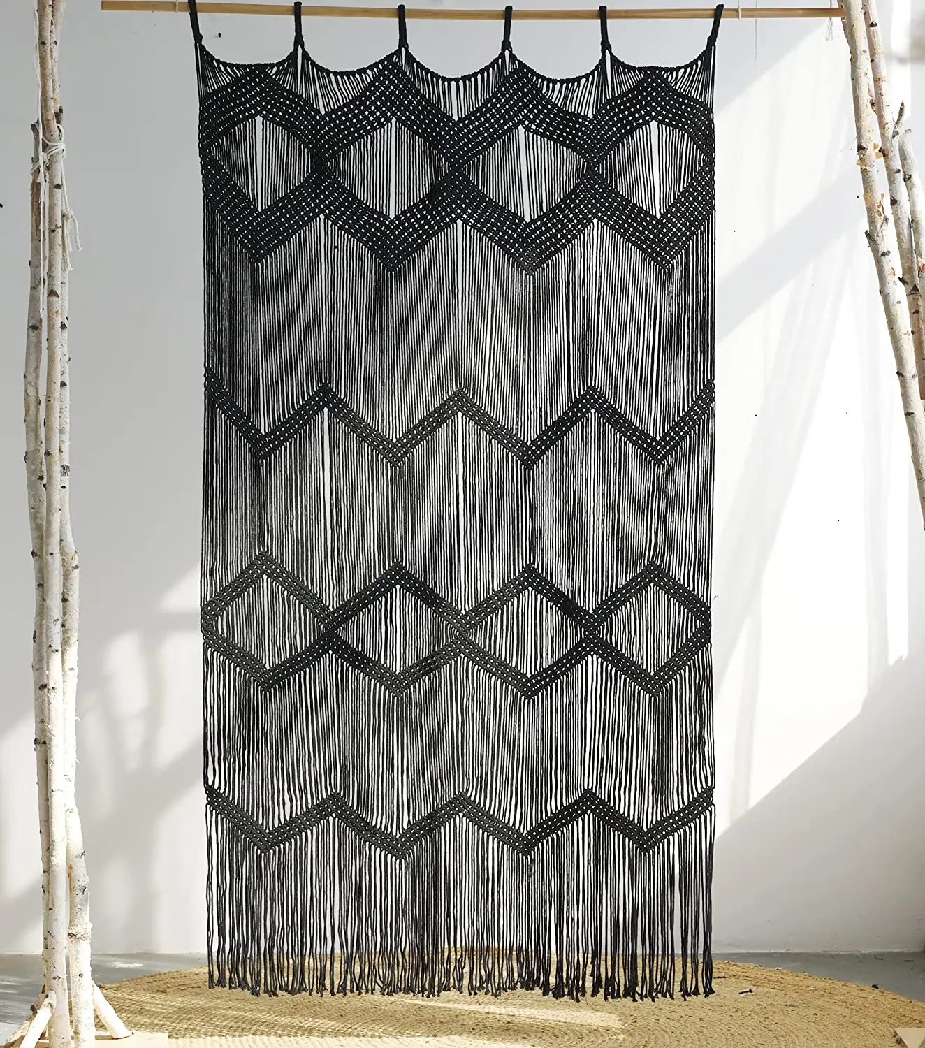 Macrame Curtain Black Boho Window Macrame Doorway Curtain ,Macrame Wall Decor Bedroom Headboard Decor wall hanging curtain//
