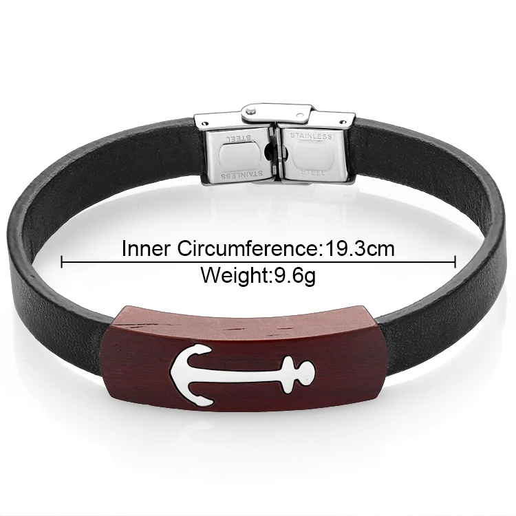 Haosem Unique Customize Inset Metal Anchor with Wooden Bracelet Accessories Mens Leather Bracelet