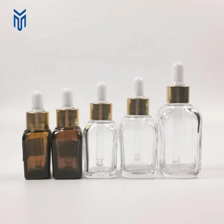 10ml 15ml 20ml 30ml 50ml 100ml square shape clear glass pipette serum bottles with gold dropper cap