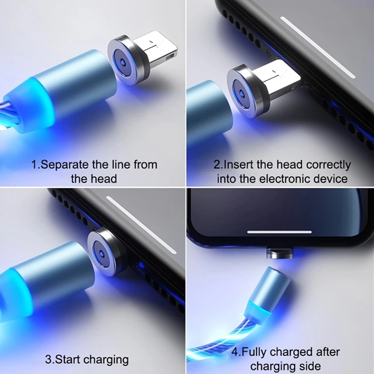 ph5mm 2pin portable usb charger rotating tpe 5v/2.4a magnetic led flowing mobile phone fast charging cable luminous 3 in 1