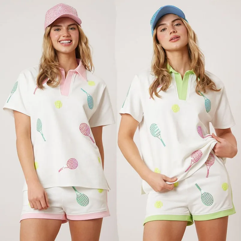 Summer sport theme tennis two piece set women clothing sequin embroidery tracksuits glitter racket and ball sweat suits