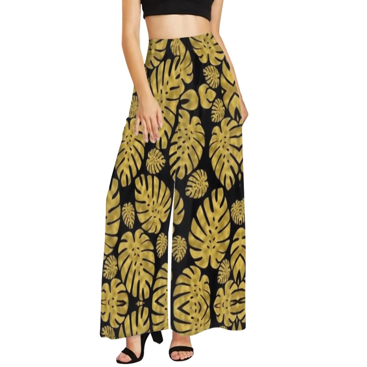 Plus Size Custom Print Women Hawaii Tropical Wide Leg Pants Breathable Loose Wide Leg Pant Women Jungle Monstera Leaves Print