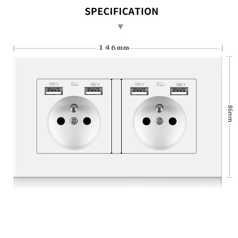 NOVSKI Factory customized AC250V, 16A PC panel French wall switch, 2 sockets and 4 USB ports
