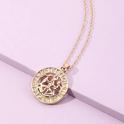 
Fashion Jewelry 12 Zodiac Image Sign Solid Golden Coin Pendant Necklace Chain Link Necklaces For Women 