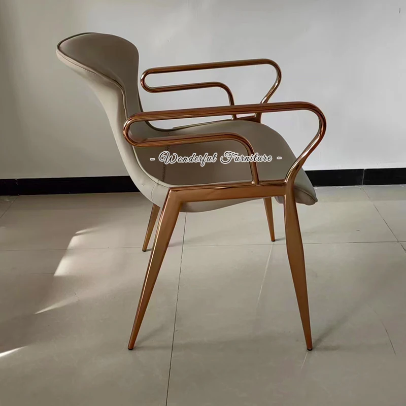 Most Popular Rose Gold Legs Backrest Armrest Designer Conference Chair Superior Light Luxury Dining Chair