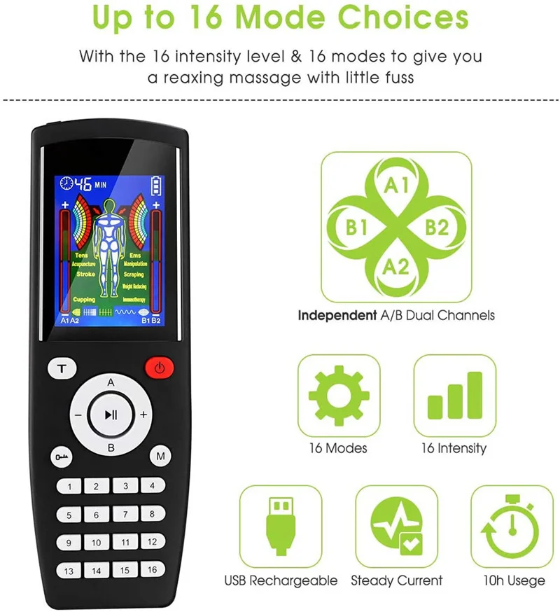 16 Modes TENS Therapy Massager 4 Output Electric EMS Nerve Muscle Stimulator
