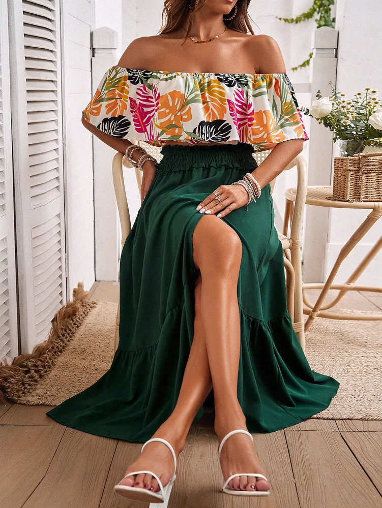 Ladies dresses 2024 new summer beach vacation floral long classy skirt and top set 2 pieces set women clothing