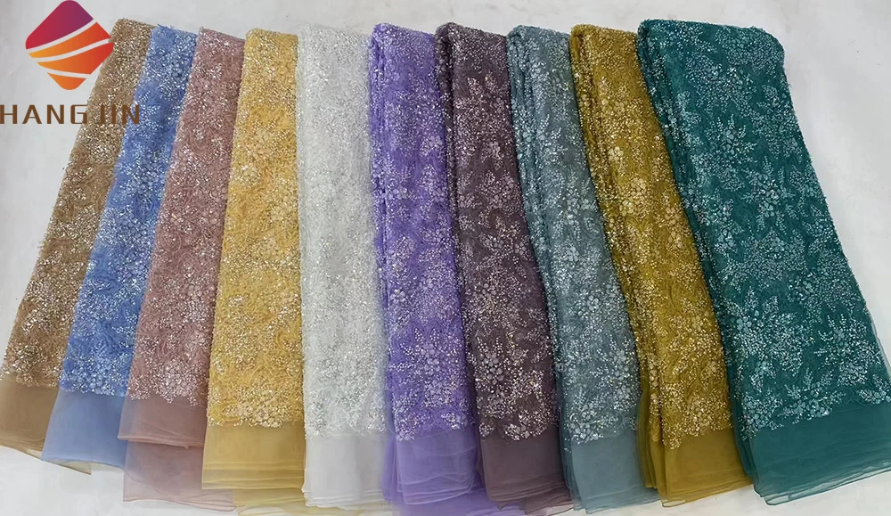 Lilac 3D Embroidery Tulle Lace Fabric Mesh With Sequins Hand Beaded Lace Fabric Luxury For Wedding Bridal Dress