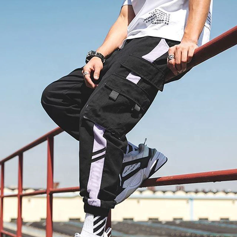 Hip Hop Cargo Pants Men Streetwear Fashion Male Elastic Waist Pant Trousers Cotton Black Joggers For Men