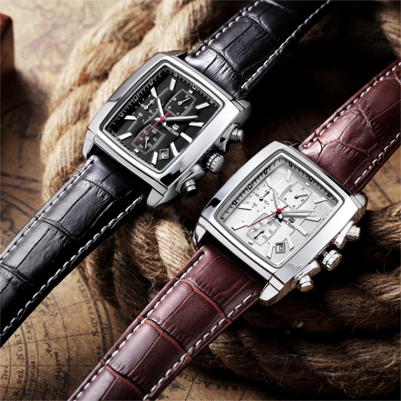 Relojes Hombre MEGIR 2028 Top Brand Luxury Chronograph Quartz Watches Men Military Leather Square Watch