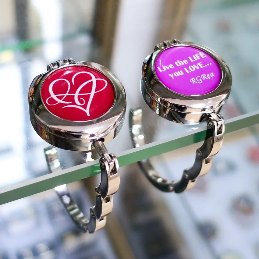 Портативный модный круглый металлический цинковый сплав без рисунка складной крючок с логотипом на заказ вешалка для сумок держатель