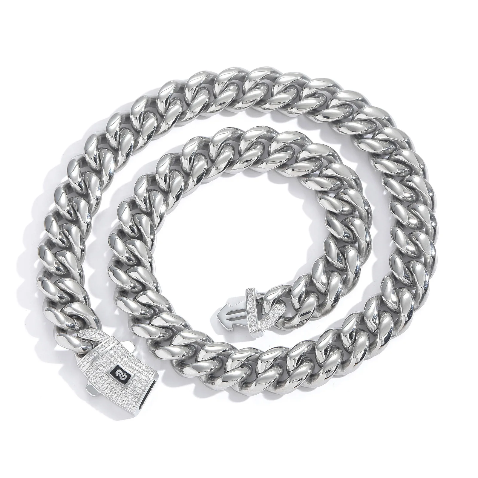 Hip Hop 6-14mm wide necklace stainless steel round grinding encrypted Cuban chain 14K18K titanium steel man bracelet