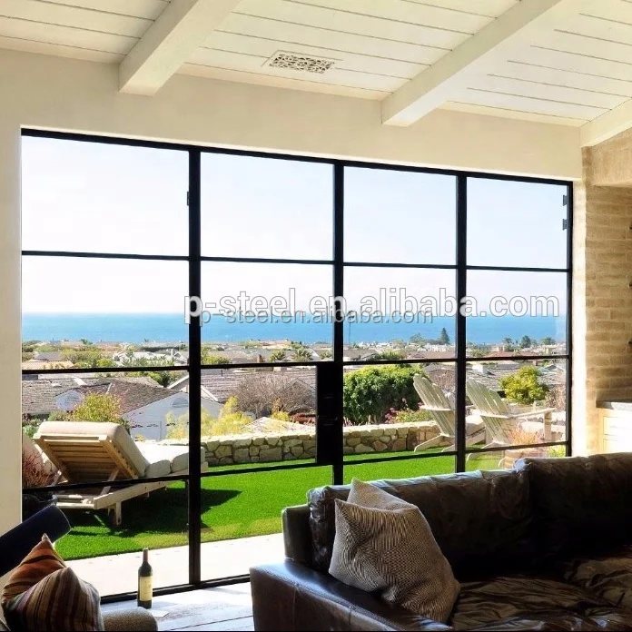 Galvanized steel tube clear tempered glass double glazed single swing door double french doors with grill design