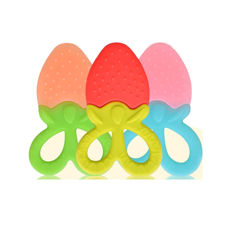 Food Grade Baby Hot Sales Soft Silicone Fruit Shape Teething Relief Toys Baby Teether With Handle