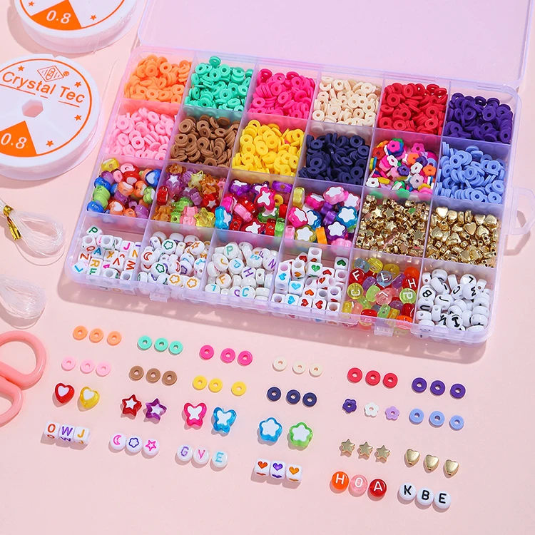 24 Grid Colorful Flat Round Polymer Clay Spacer Beads Kit with Pearl for DIY Jewelry Making Kids