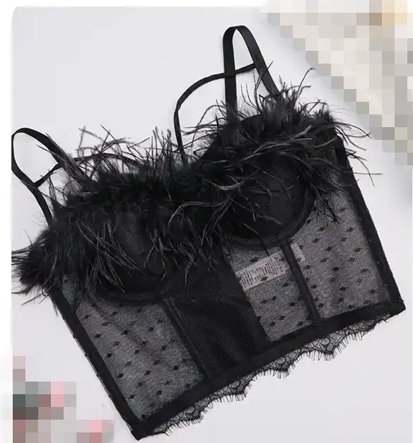 Vintage Fashion Club Women Ladies Summer Ostrich Sexy Feather Fur Top Feather Corsets Party Ostrich Feather Vest Crop Tops