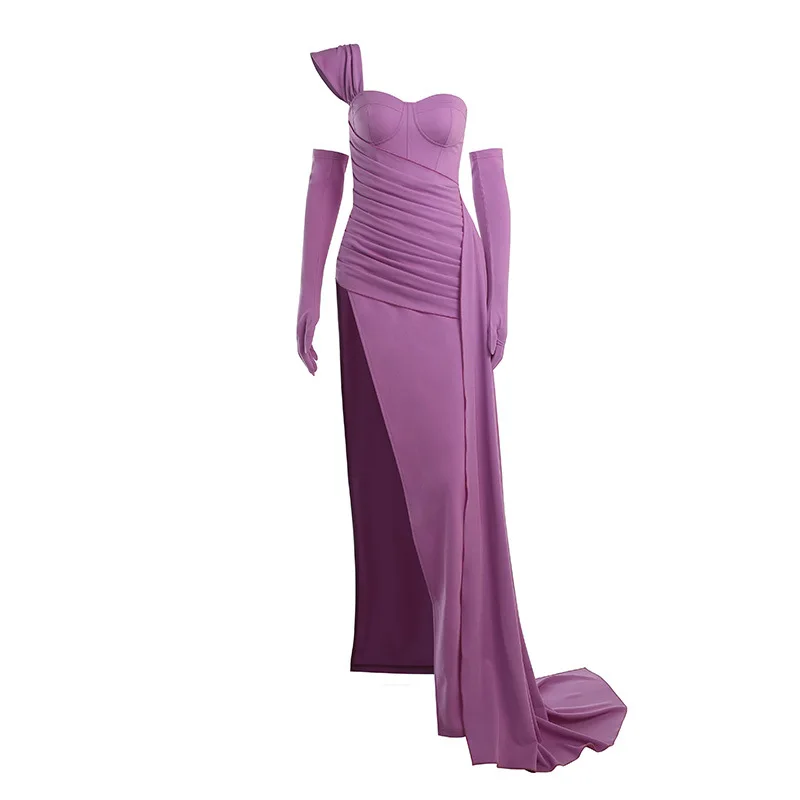 2022 Fashion Unique Women Corset Asymmetrical One Shoulder Mesh Solid Zipper Luxury Night Club Dress Sexy