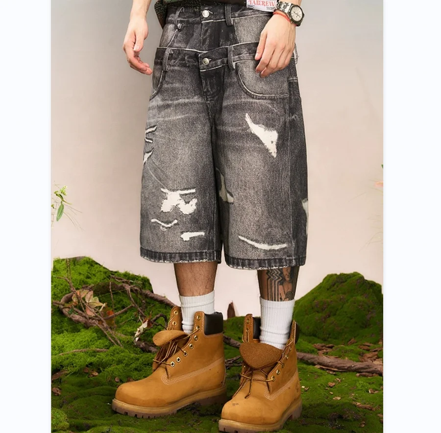 Custom high quality double waist denim shorts acid washed denim jean shorts street wear baggy pants with distressing