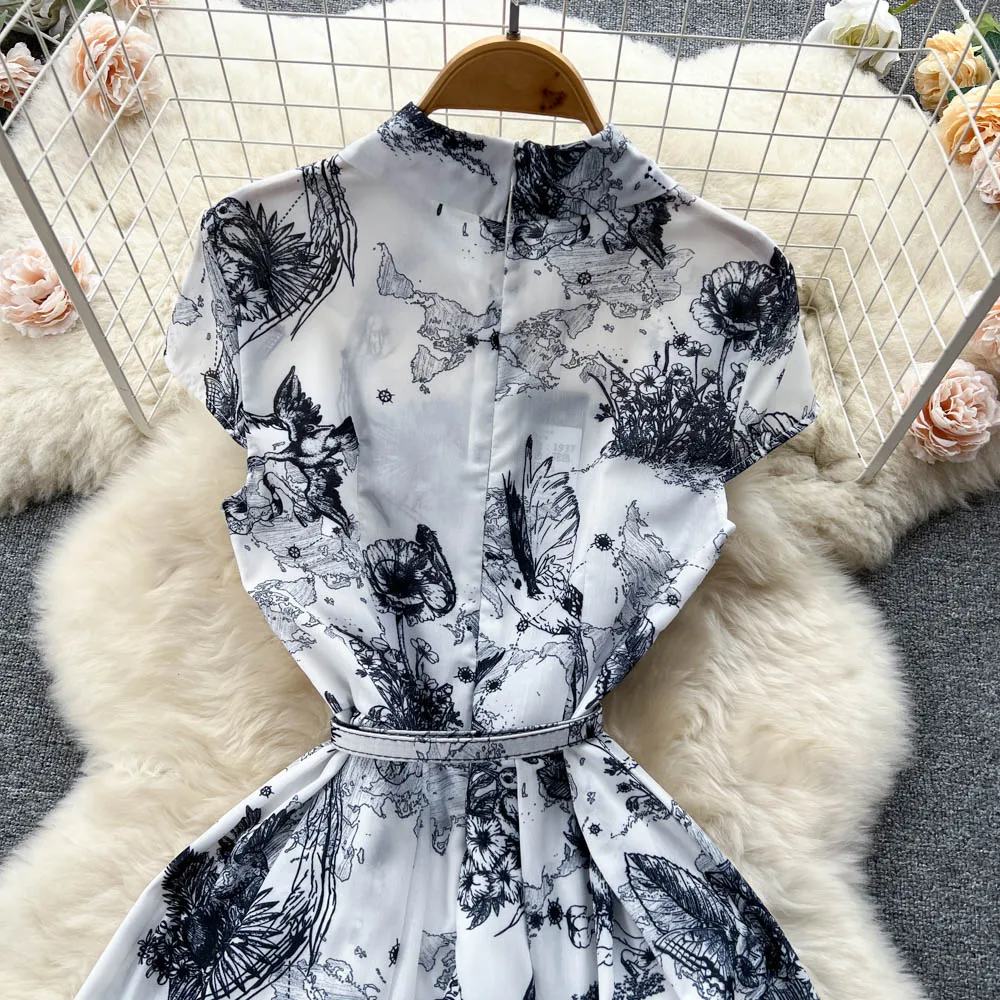 Customized summer new fashion short-sleeved  print medium-length large swing style dress black white sleeveless dress