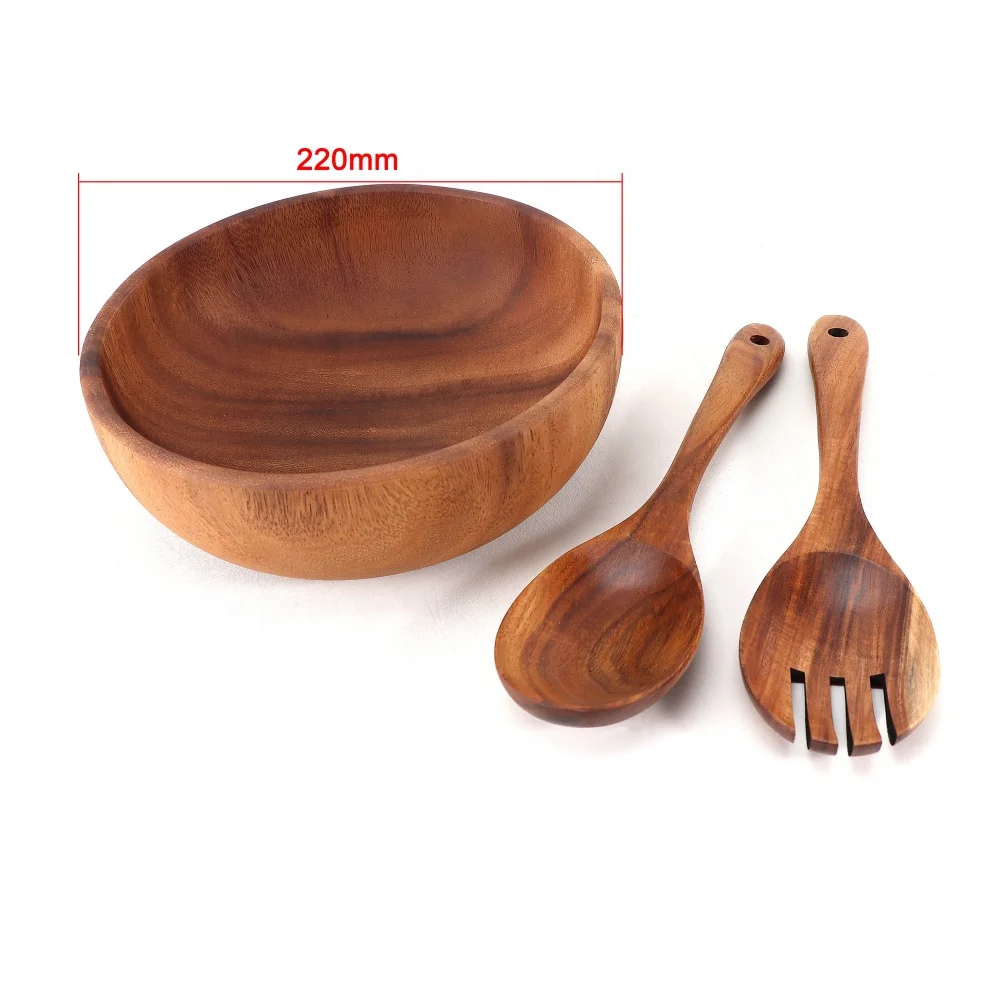 22CM Wooden Salad Bowl Spoon Fork 3 Pcs Servers Salad Bowl Set Natural Acacia Wood Handmade Wooden Food Bowl Set