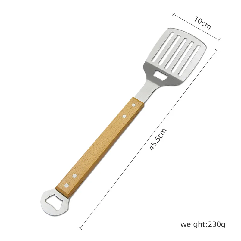 Customized Available Wood Handle Stainless Steel BBQ Spatula With Beer Bottle Opener Grill Spatula Kitchen Turner