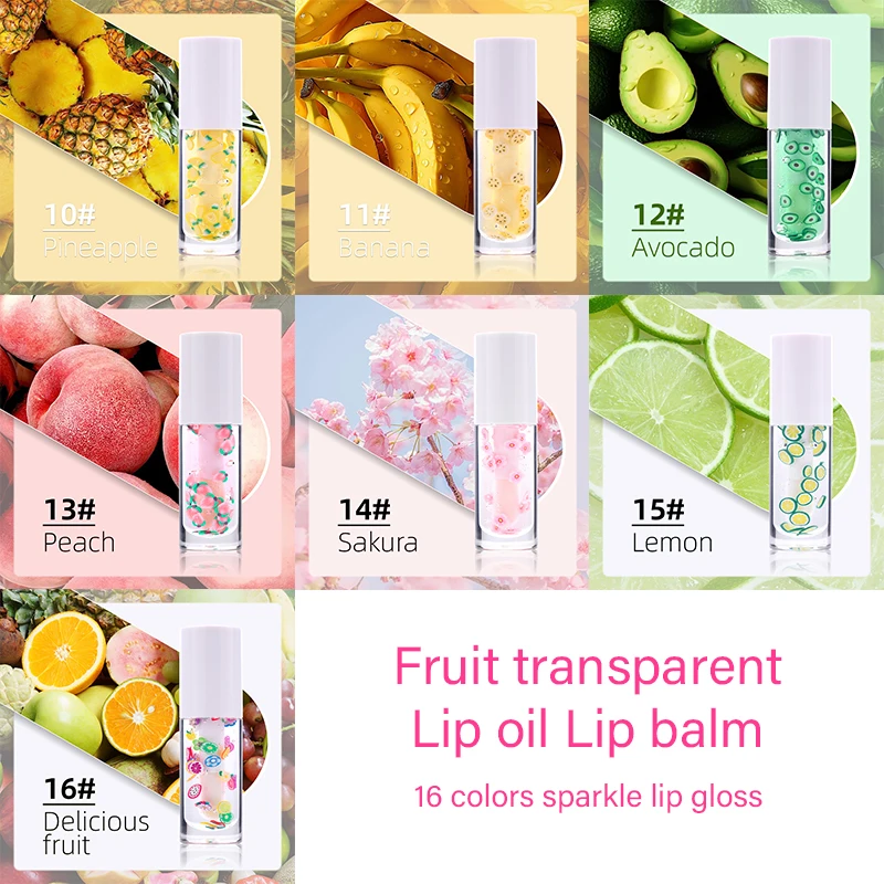 Custom Logo Low MOQ Vegan Natural Fruit Flavor Lip Gloss Fruit Lip Oil 16 Color lip makeup clear