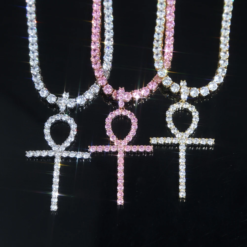 Trendy Design Iced Out Ankh Cross Pendant Necklace Micro Pave 5A Cubic Zirconia Cz Tennis Rope Chain Bling Women Jewelry