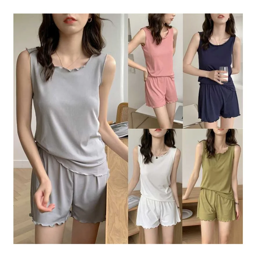 
NR006 Women Spring Summer Sleeveless Pajamas Lettuce Trim Tank Top and Shorts Knit Loungewear Set 