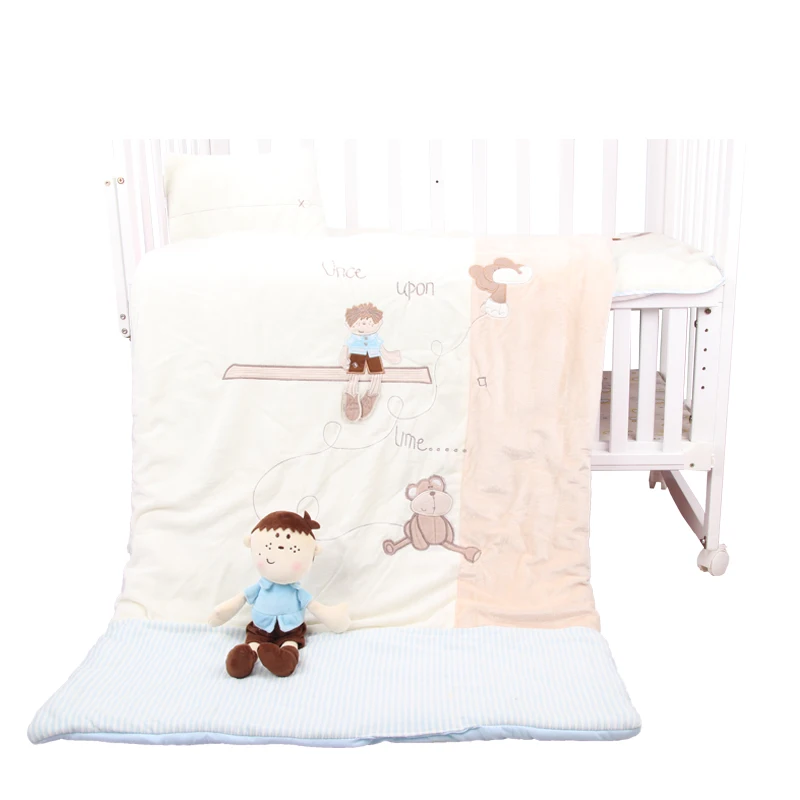 
wholesale style Polyester Cotton baby pillow + quilt + mattress + toy 4 sets baby Bedding Set cartoon comforter for Boy 