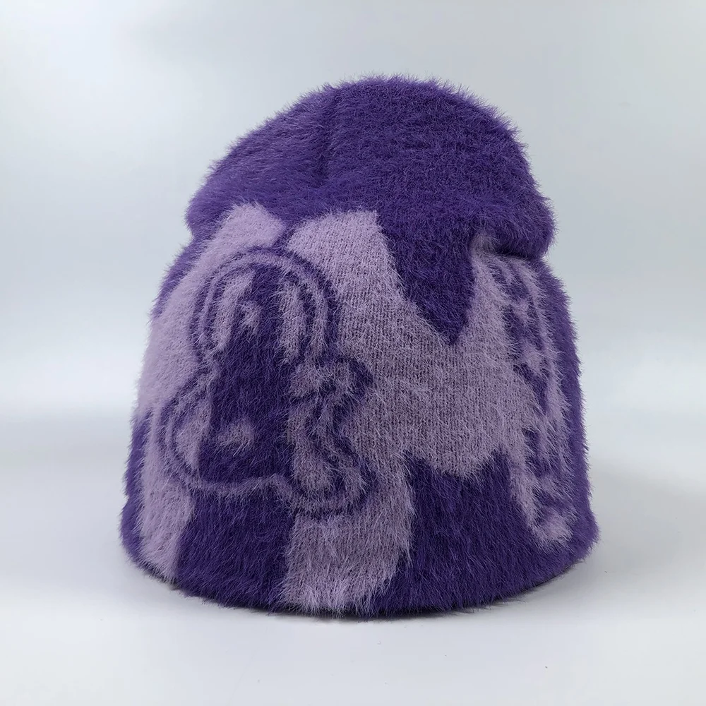 OEM popular premium unisex colorful unfold fur warm knit winter hats with jacquard design logo custom no cuff mohair beanie