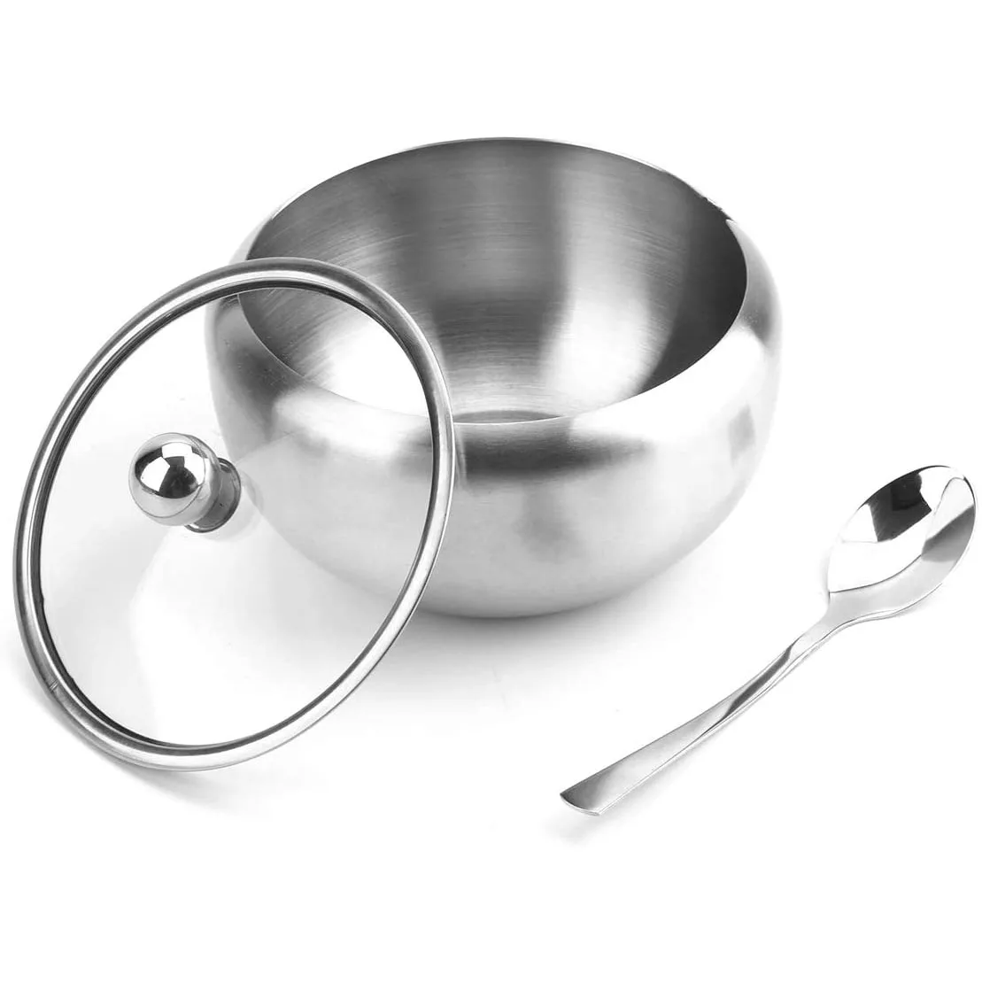 
550 ml Stainless Steel Sugar Bowl with Spoon and Clear Glass Lid Condiment Container Seasoning bowl 