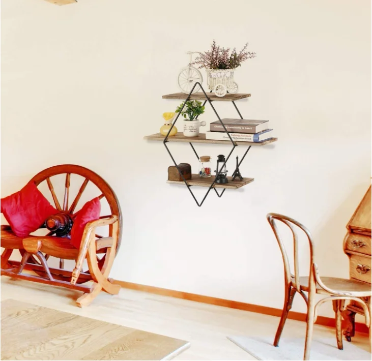 Customized wholesale three-layer geometric decorative wall shelf wall mount floating shelf