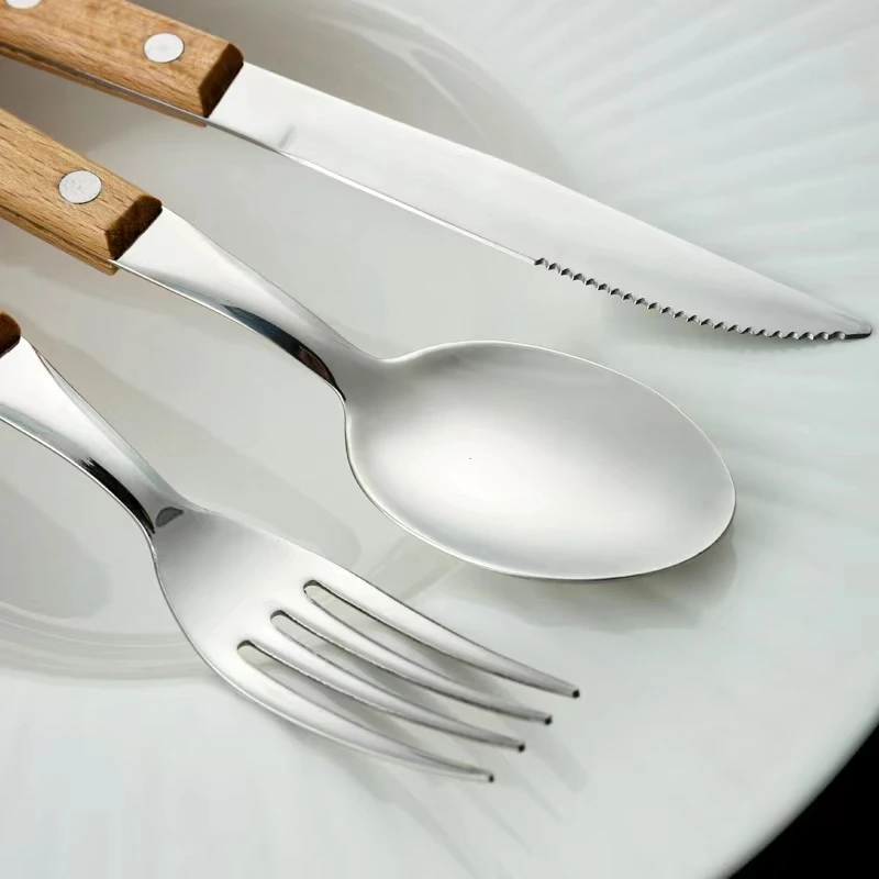 Luxury korean woden cutlery set  Knife Fork Spoon Set Wooden Handle Stainless Steel bulk Cutlery for restaurant hotel