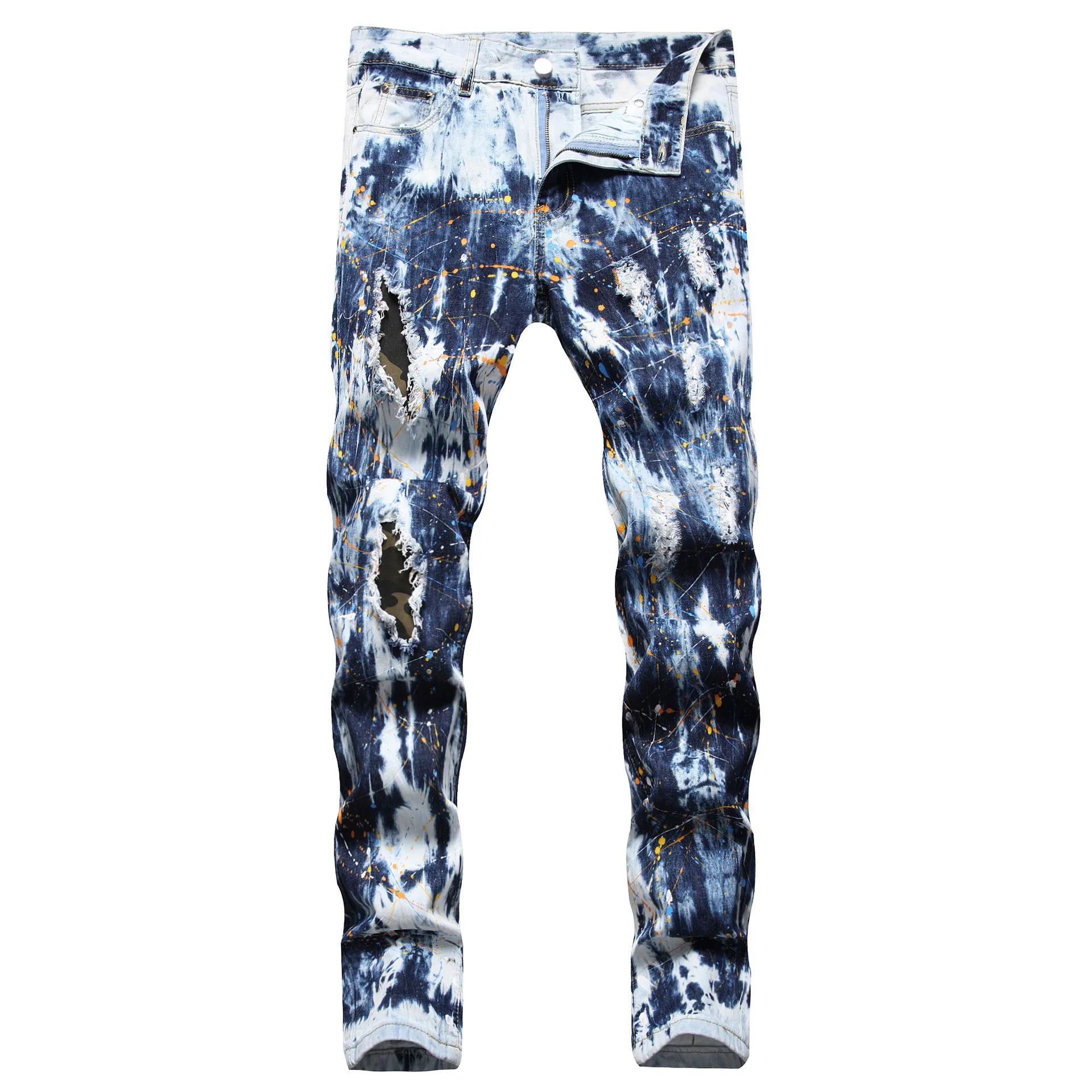 Blue Ripped Jeans for Man Hand Tie Bleached Color Ink Patch Camo Cloth Straight Leg Jeans