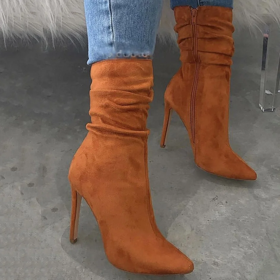 Mixed Color Leopard Pattern Sexy PU Upper High Heel Mid Calf Plus Size 47 Fashion Women Boots Leopard Pointed Toe Side Zip