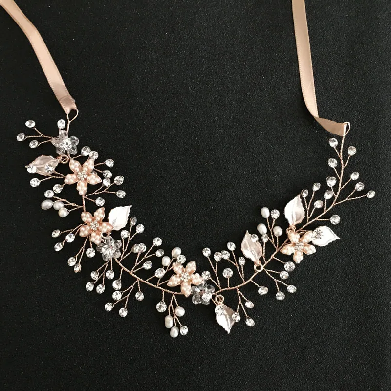 Женский обруч для волос SLBRIDAL, обруч ручной работы со стразами, пресноводным жемчугом, цветами, листьями, свадебное украшение