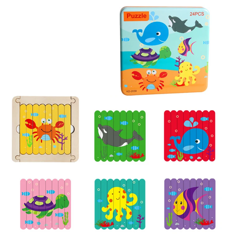 Educational children Wooden Creative Strip Puzzle Wooden Bar Puzzle Animal traffic matching jigsaw puzzle